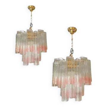 Pair of Murano Style Glass Vanished Pink Tronchi Venini Style Chandeliers