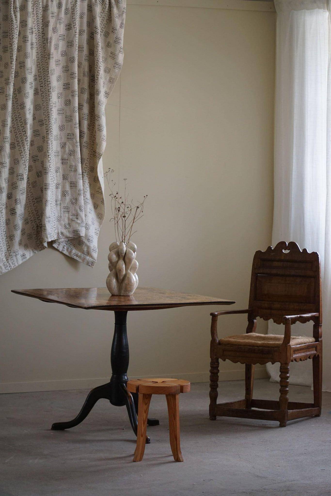 Antique square table with drop leaves made of burl wood, handcrafted in Sweden, 19th century.