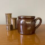 Stoneware pot with glossy glazed brown and vintage speckled gray handle
