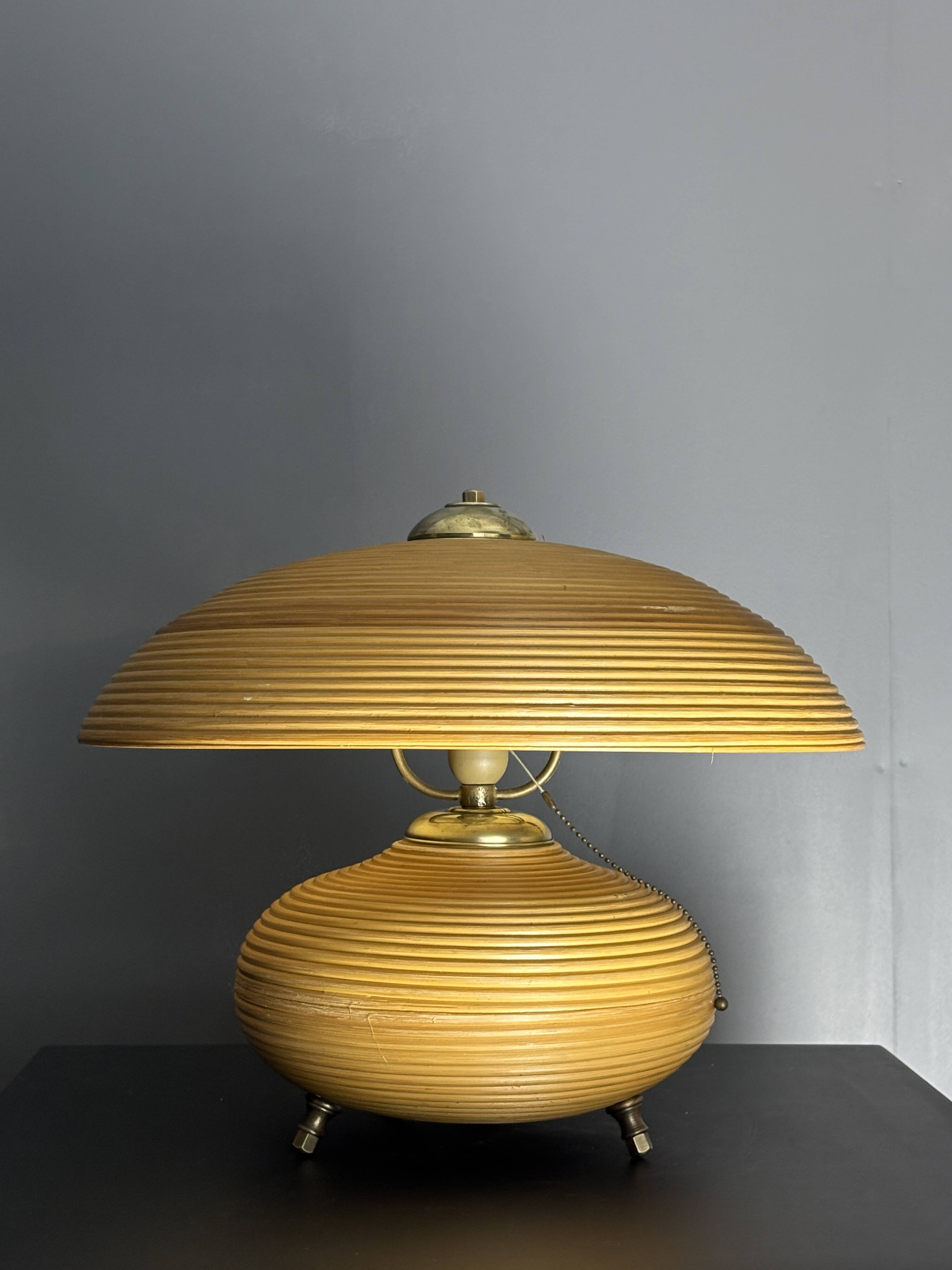 Pencil Reed Rattan Bamboo and Brass Mushroom Table Lamp, Italy, 1970s