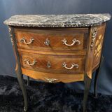 Small Louis XV style half-moon commode with marquetry and bronze decoration