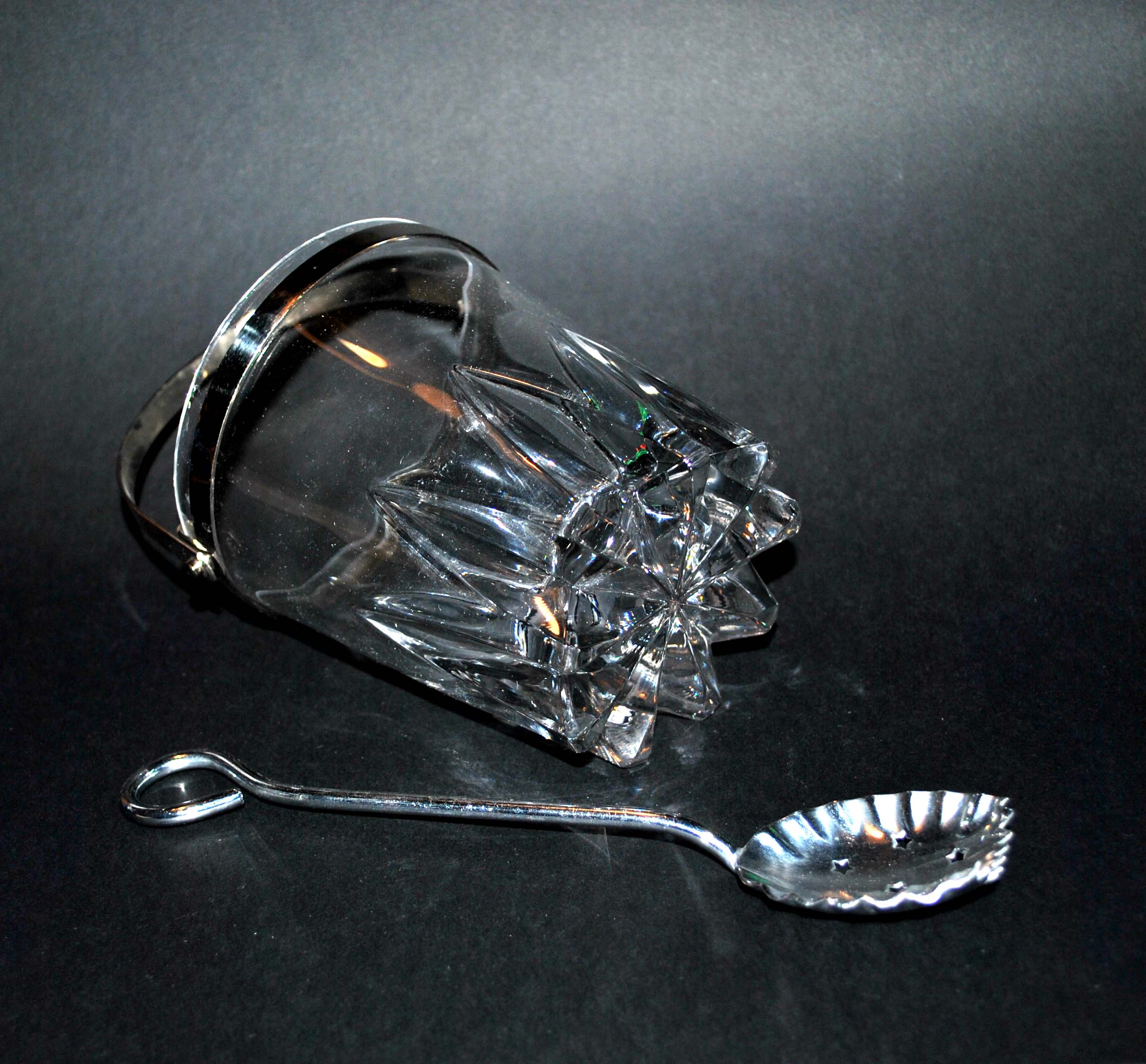 Vintage molded glass ice bucket and chrome ice cube spoon