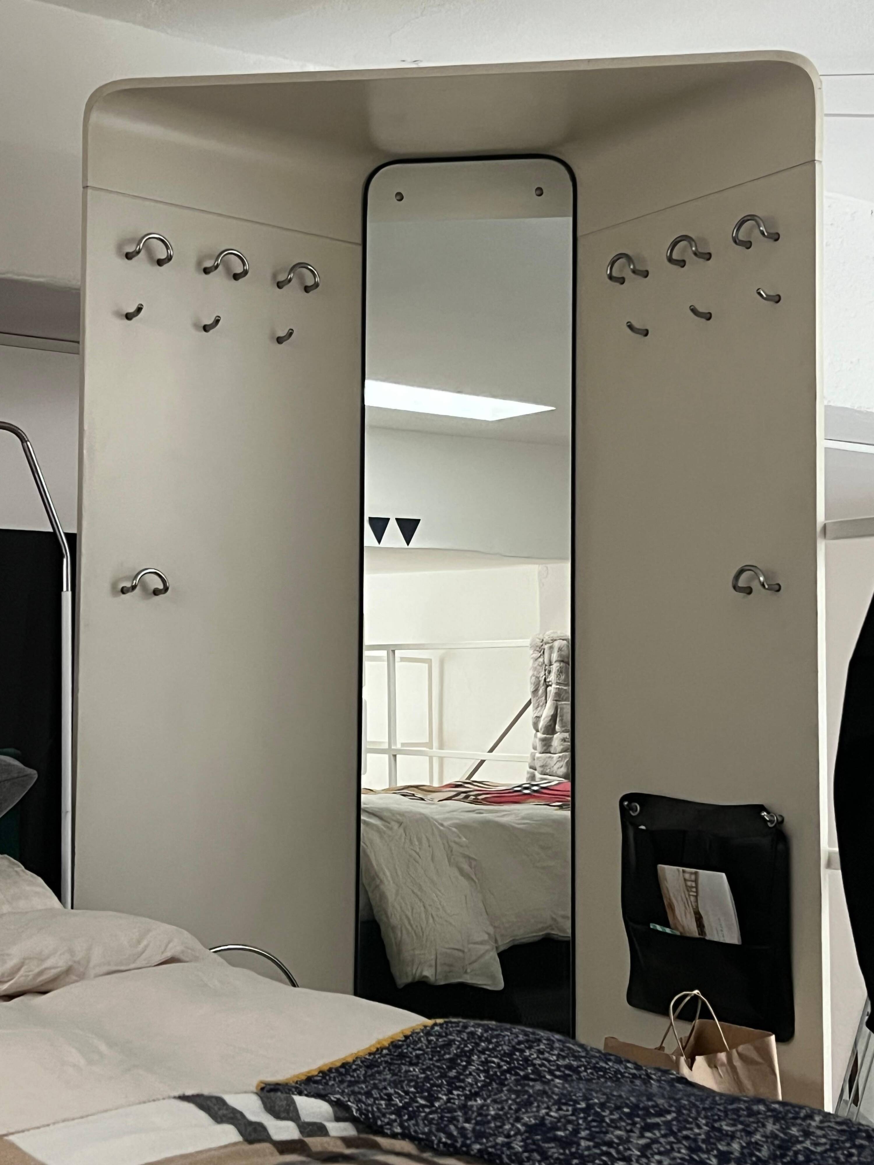 1960s Mid-Century Modern White Wood Corner Coat Hanger with Mirror