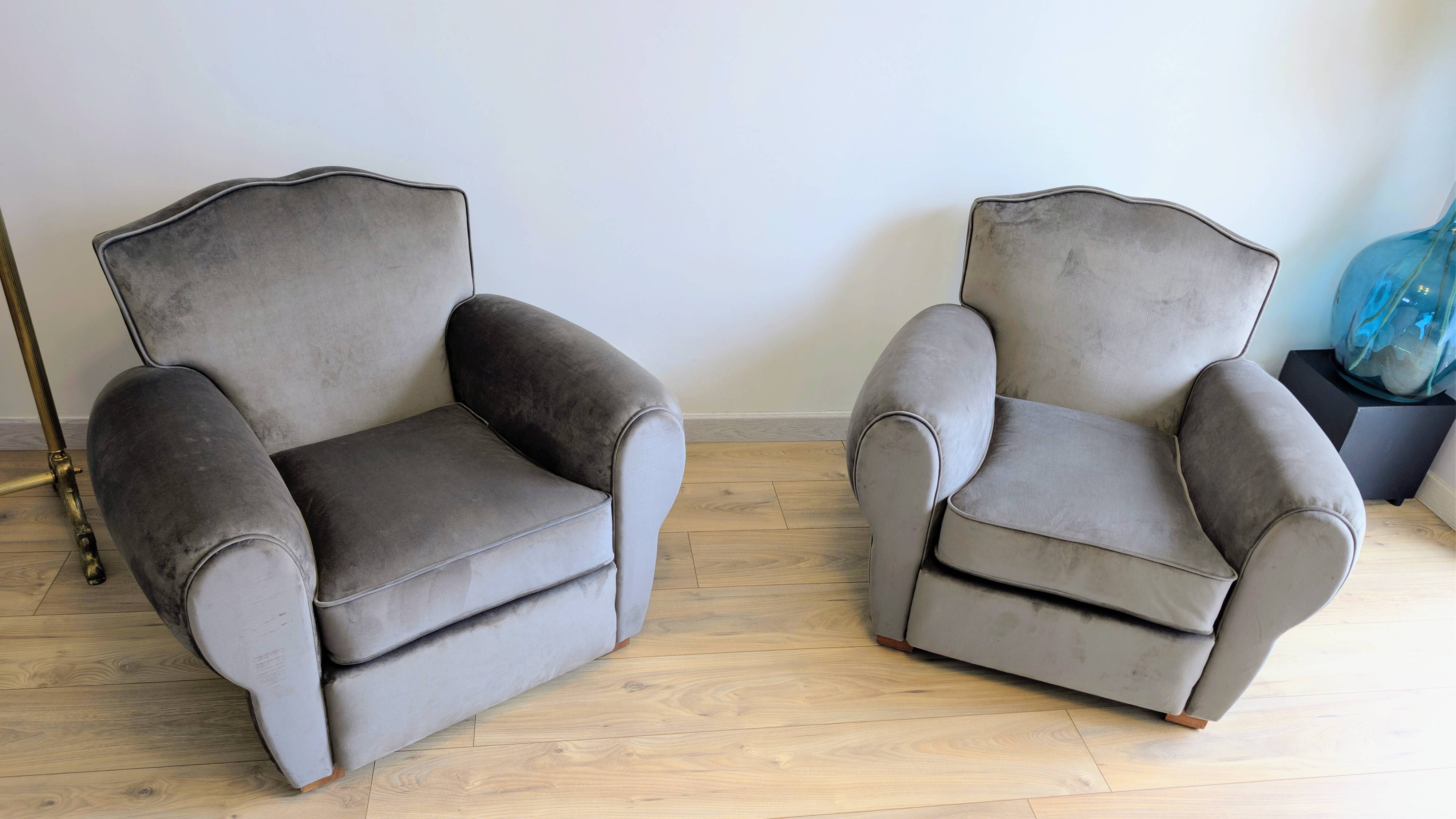 Pair of moustache club armchairs in elephant grey velvet.