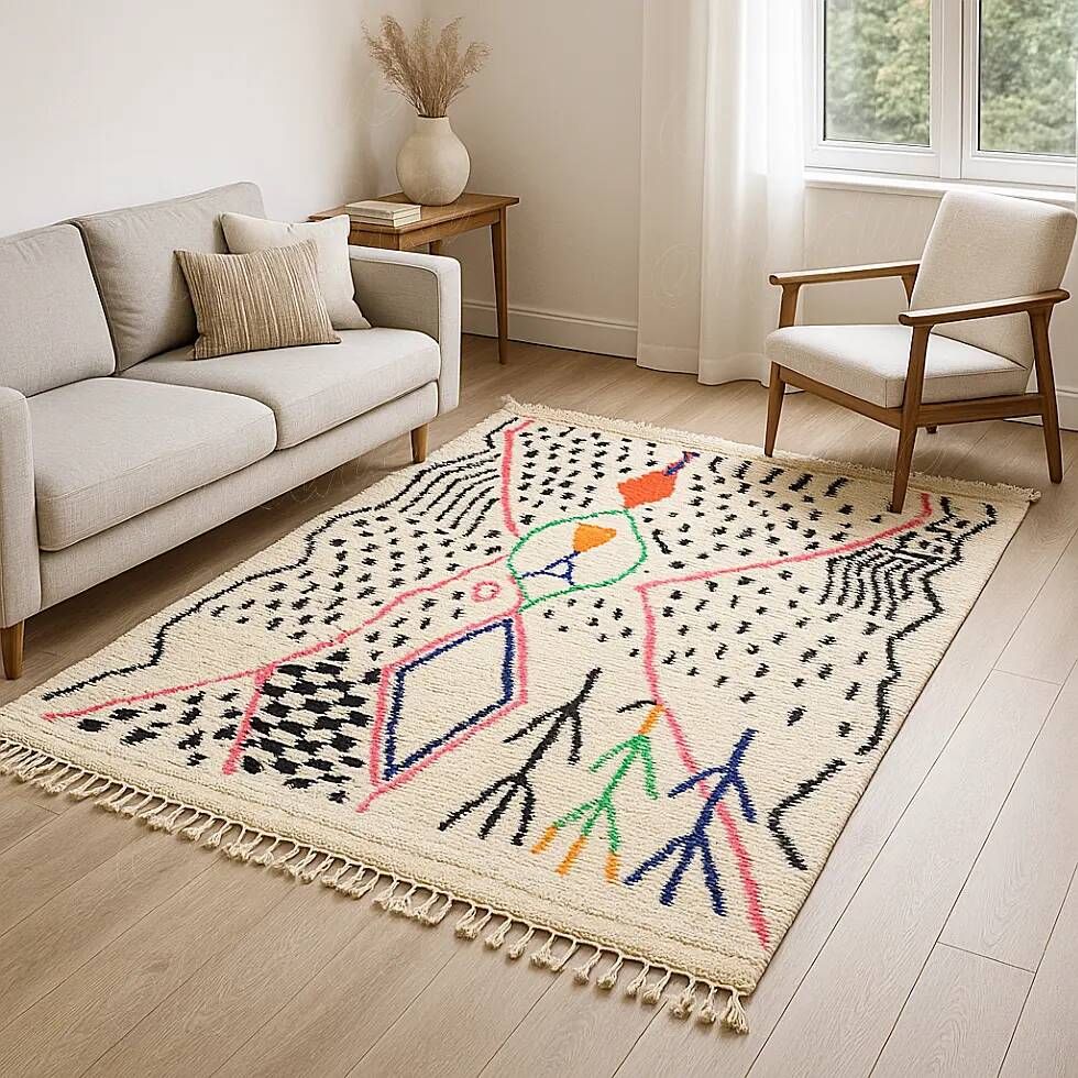 Ecru Azilal rug with colourful Berber symbols.