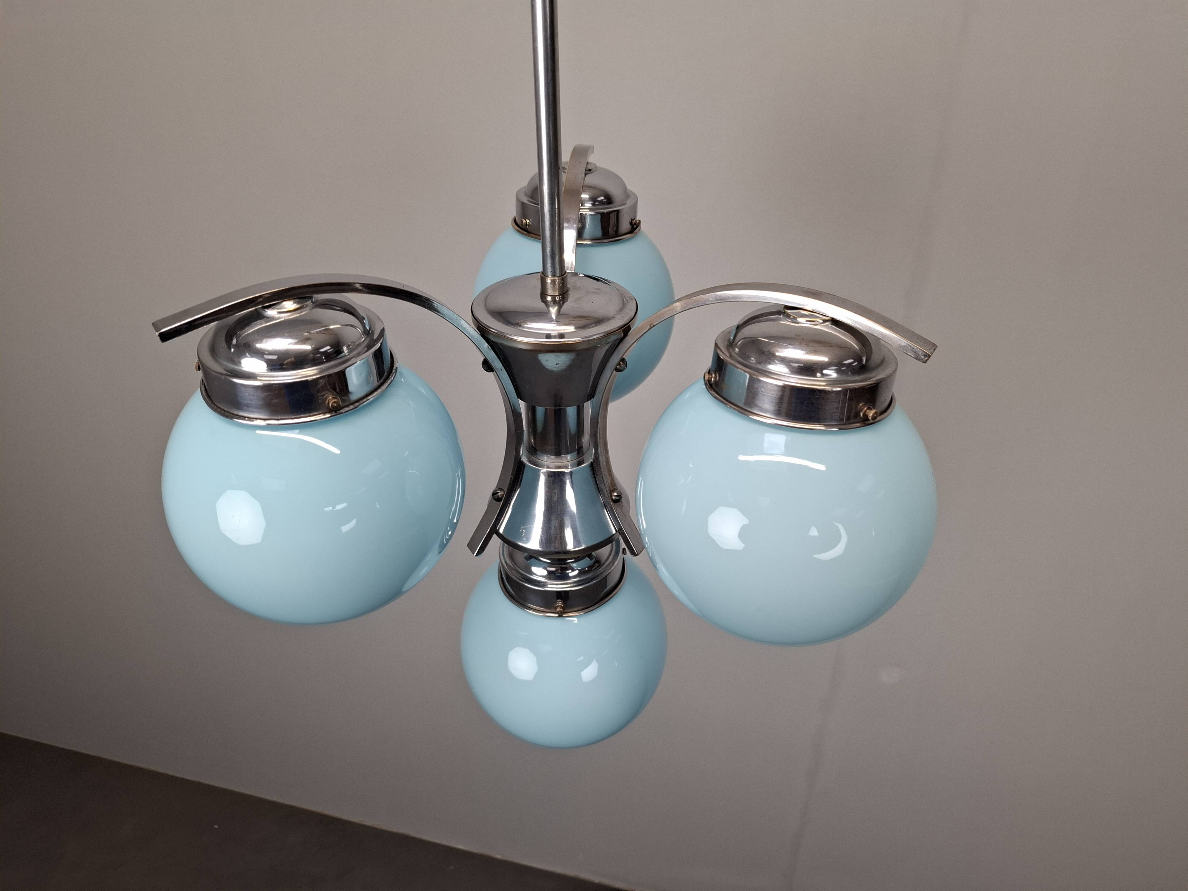 1930s Czech Art Deco Blue Opaline Glass and Chrome Four-Light Chandelier
