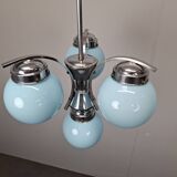 1930s Czech Art Deco Blue Opaline Glass and Chrome Four-Light Chandelier