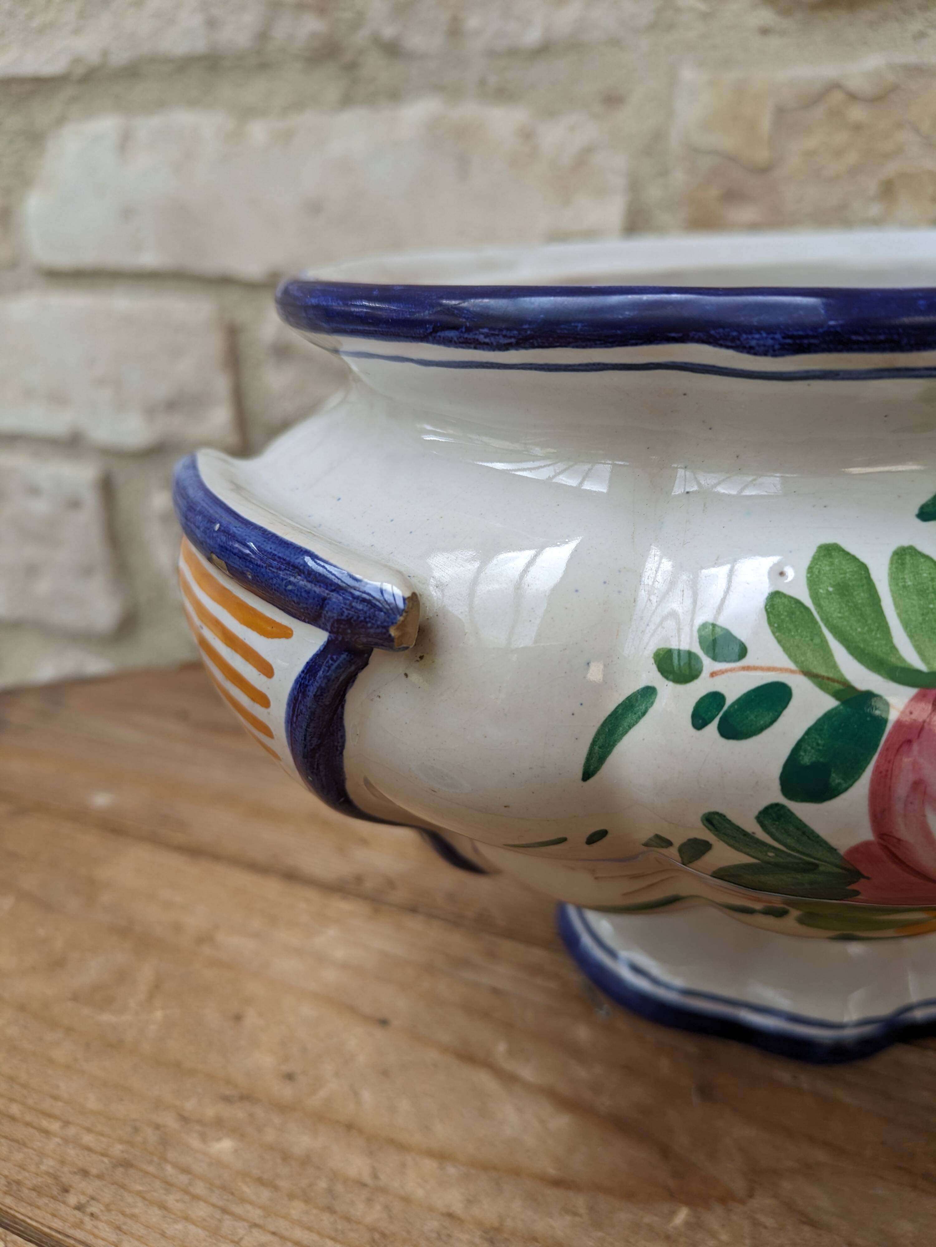Old serving dish, vegetable dish, soup tureen without lid, flower decoration