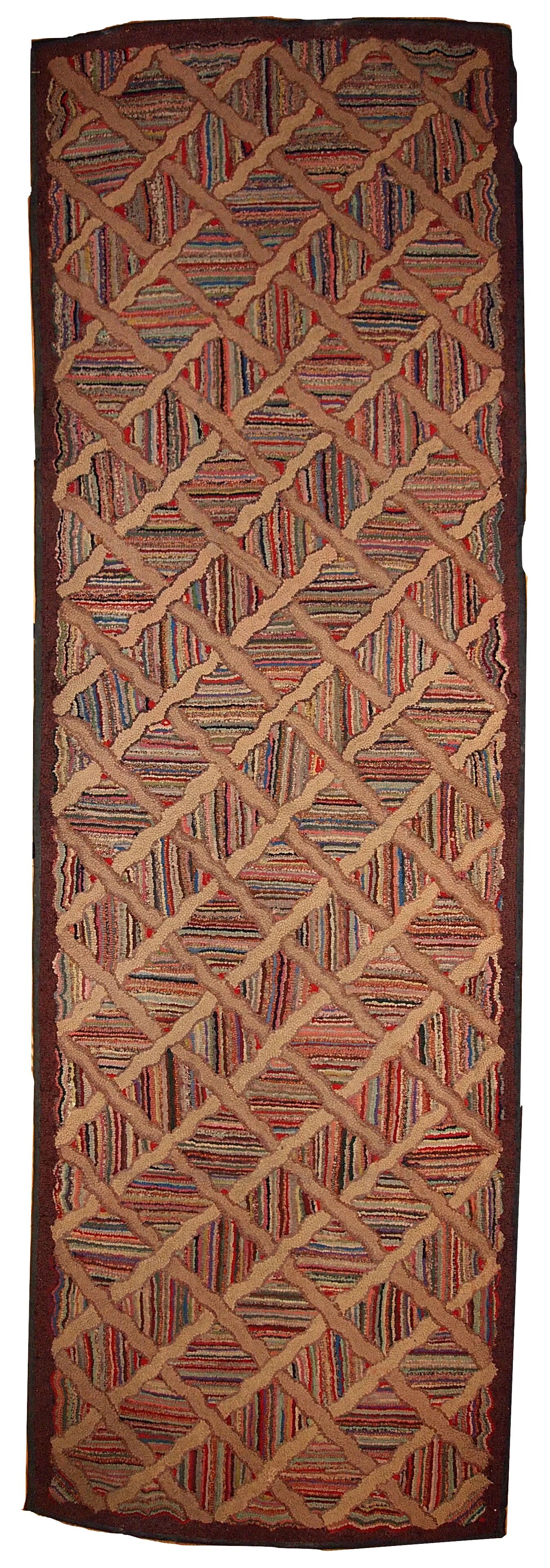 Handmade antique American hooked runner 2.9' x 8.3' (88cm x 252cm) 1880s - 1B439