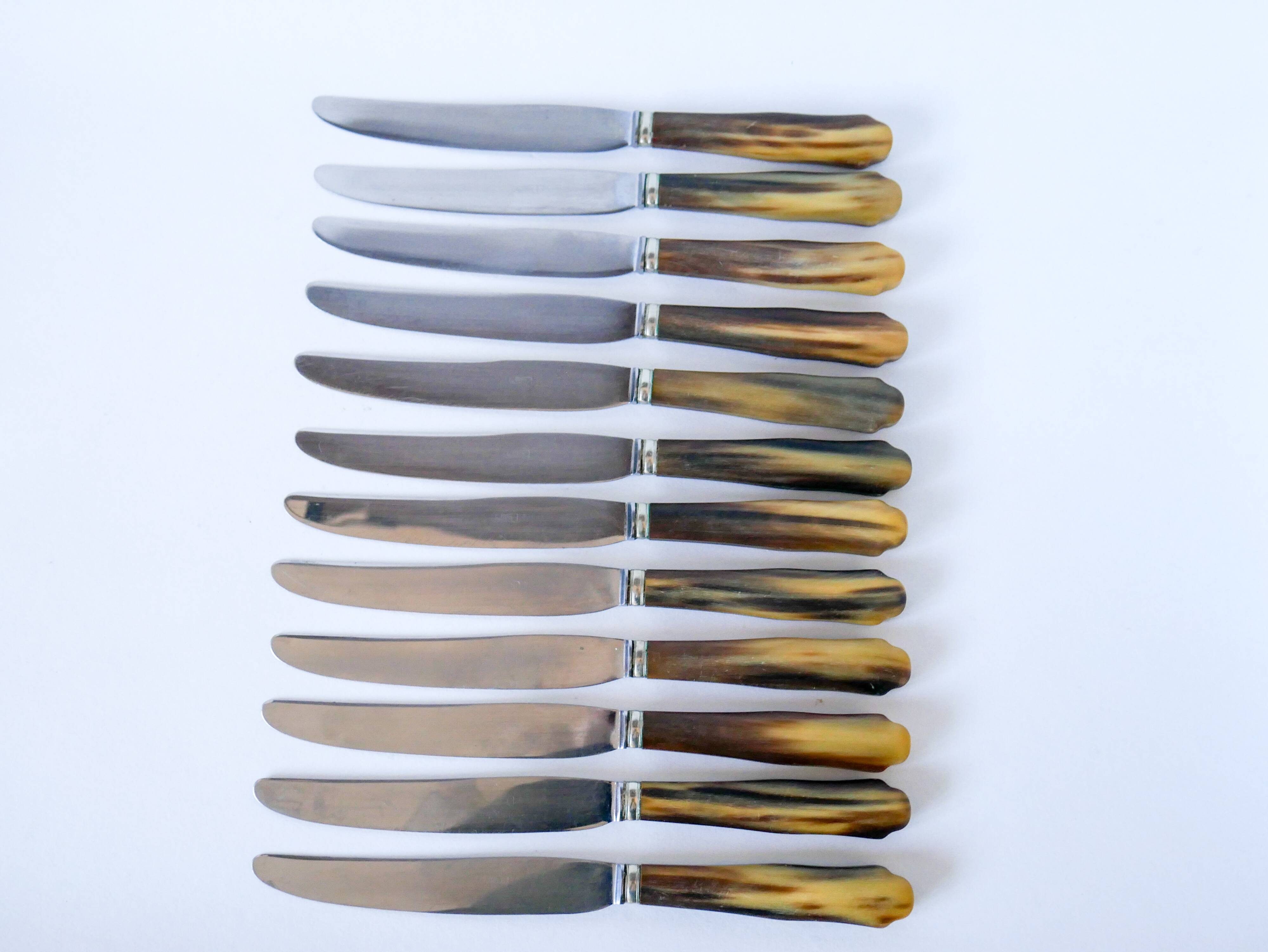 Set of 12 brown and beige marbled horn knives 1960