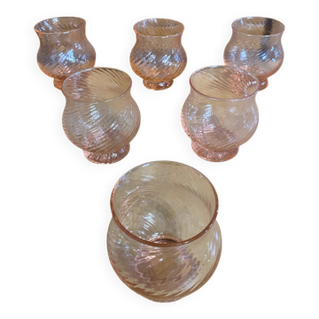 Set of 6 Punch Glasses Sangria Twisted Glass Salmon Pink Vintage #E394