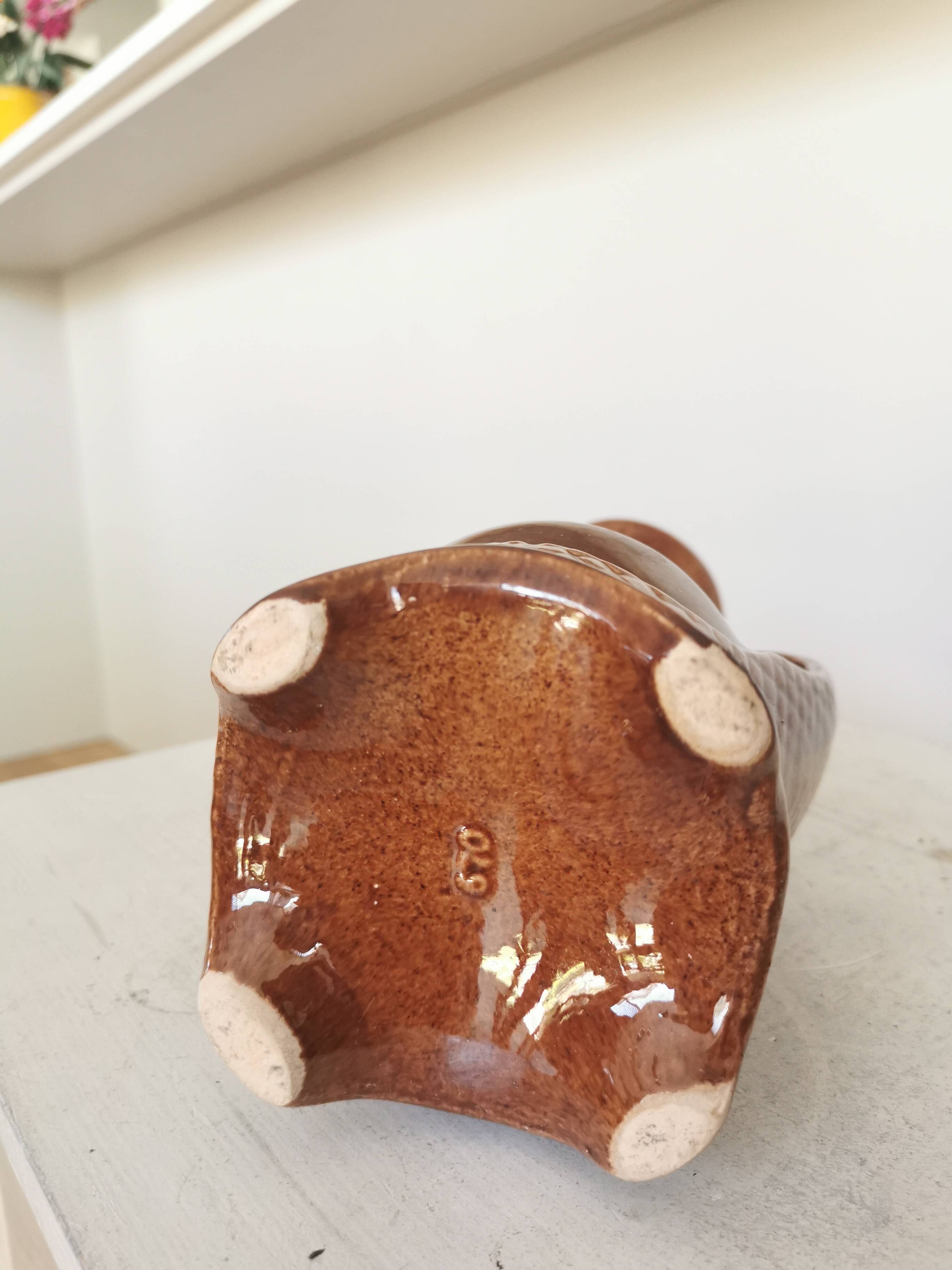 Vintage Amphora Vase: Large Brown Glazed Pottery with Grape Motif