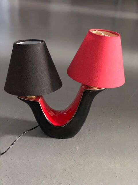 Pair of double fire lamps in red and black ceramic 50s