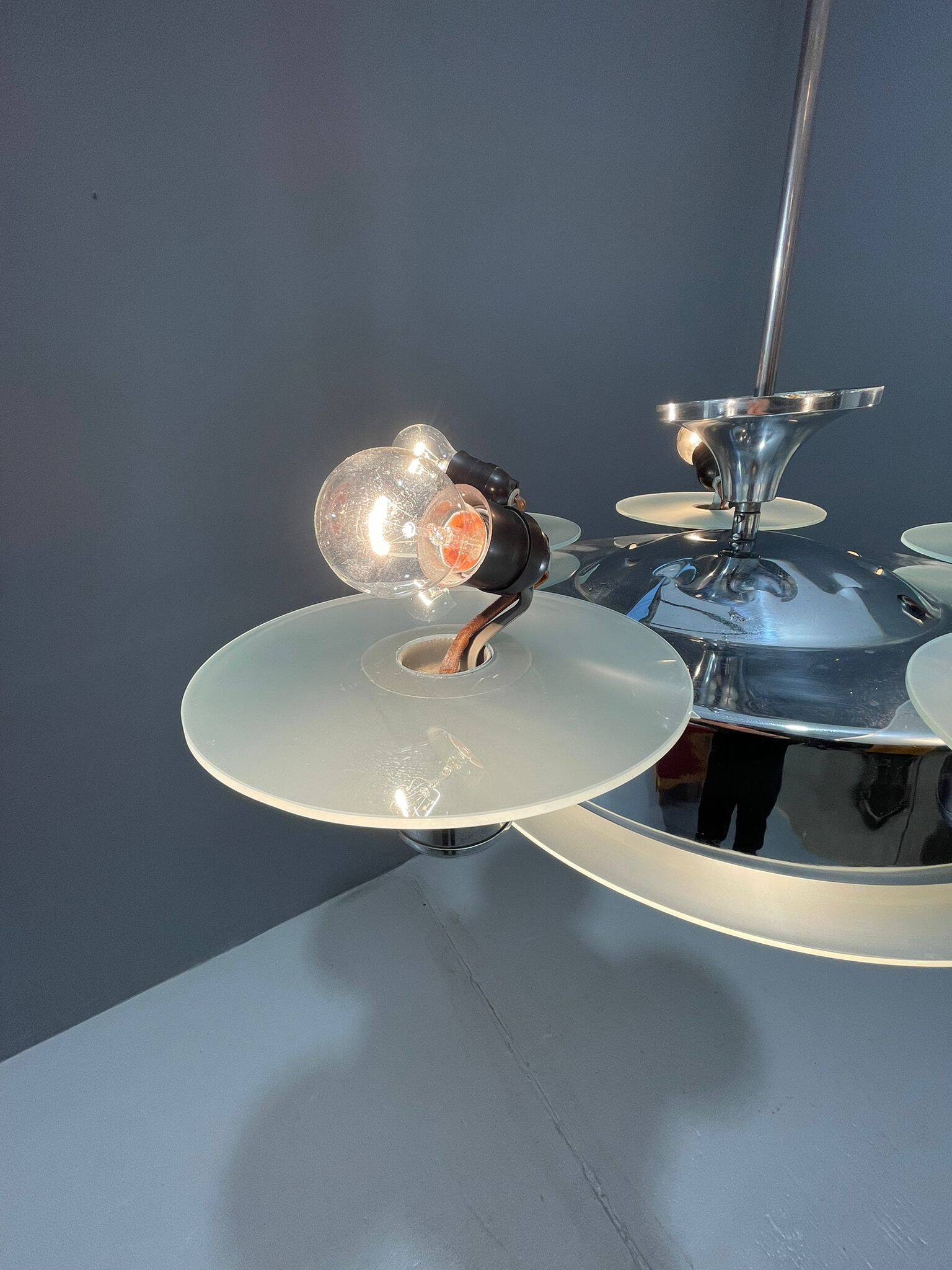 1930s Art Deco Chrome Chandelier with Frosted Glass Disc Shades – Czech Vin