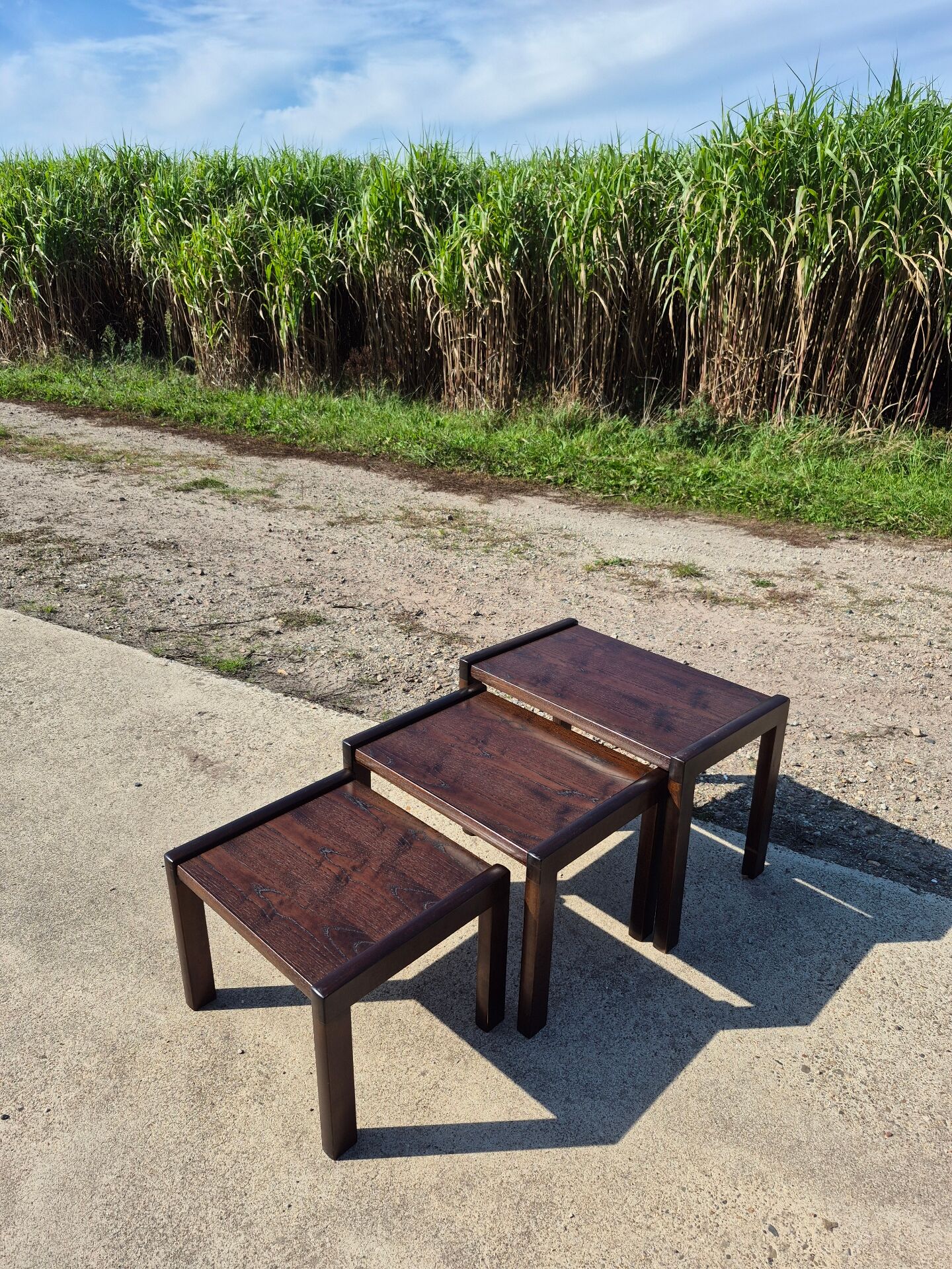 Set 3 vintage dark wooden nesting tables 1970s brutalist