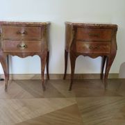 Paire de 2 chevets-louis xv-marqueterie-2 tiroirs-marbre rose