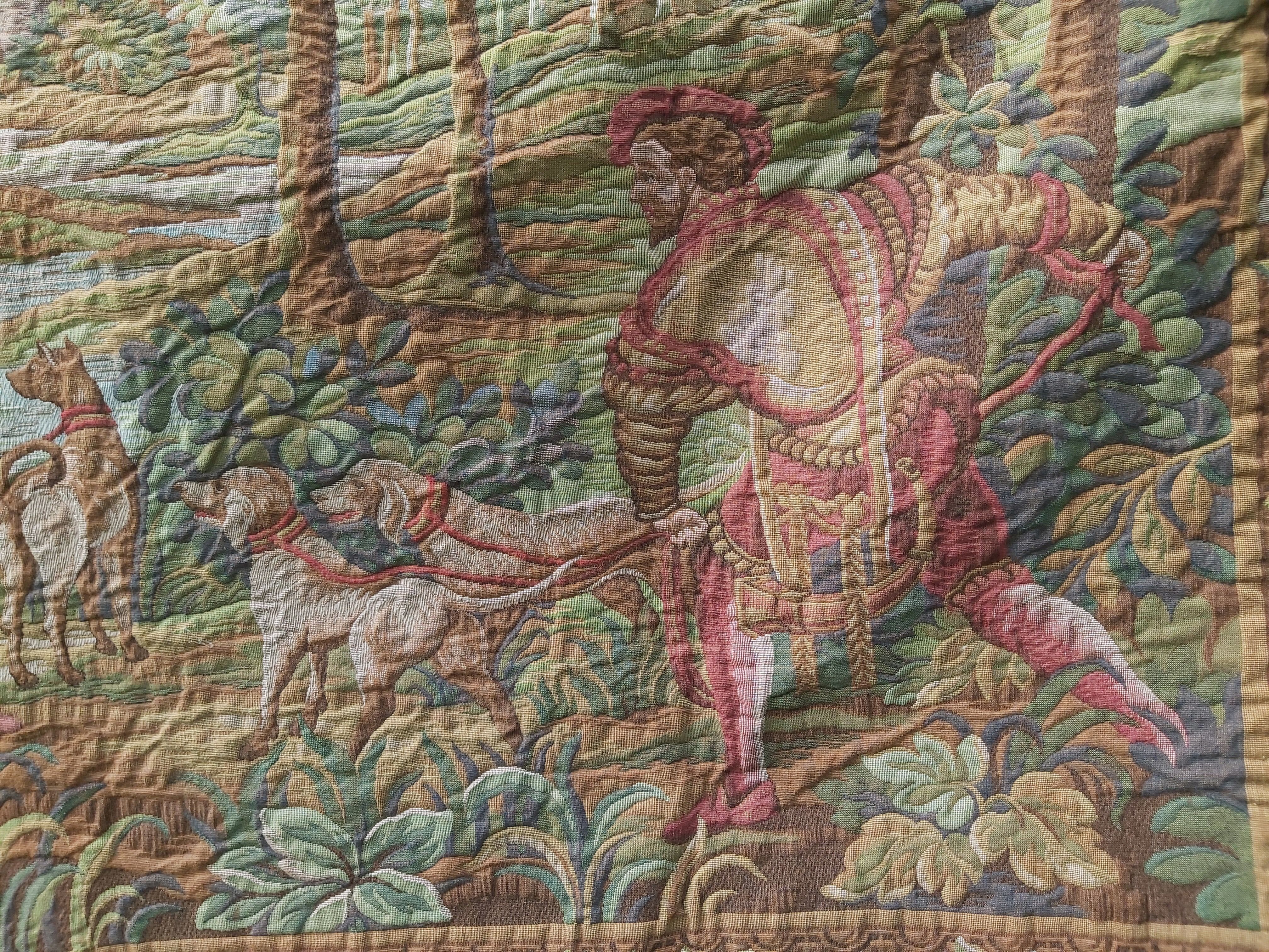 Vintage tapestry in Aubusson style. Hunting return.