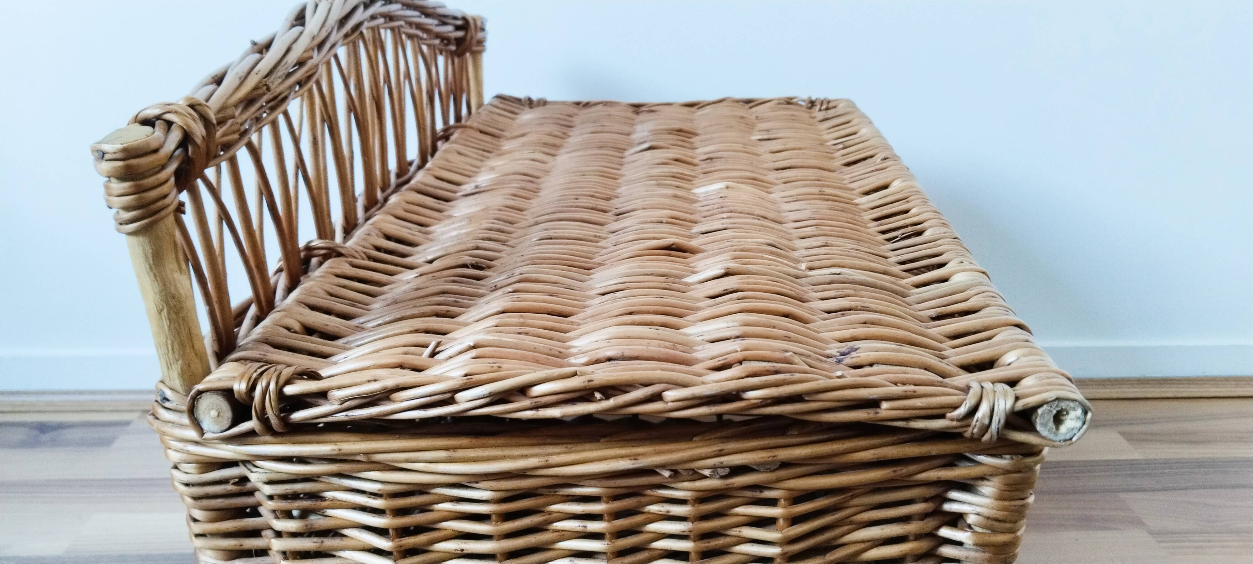 Antique rattan and wicker toy chest, bench, bed end