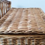 Antique rattan and wicker toy chest, bench, bed end