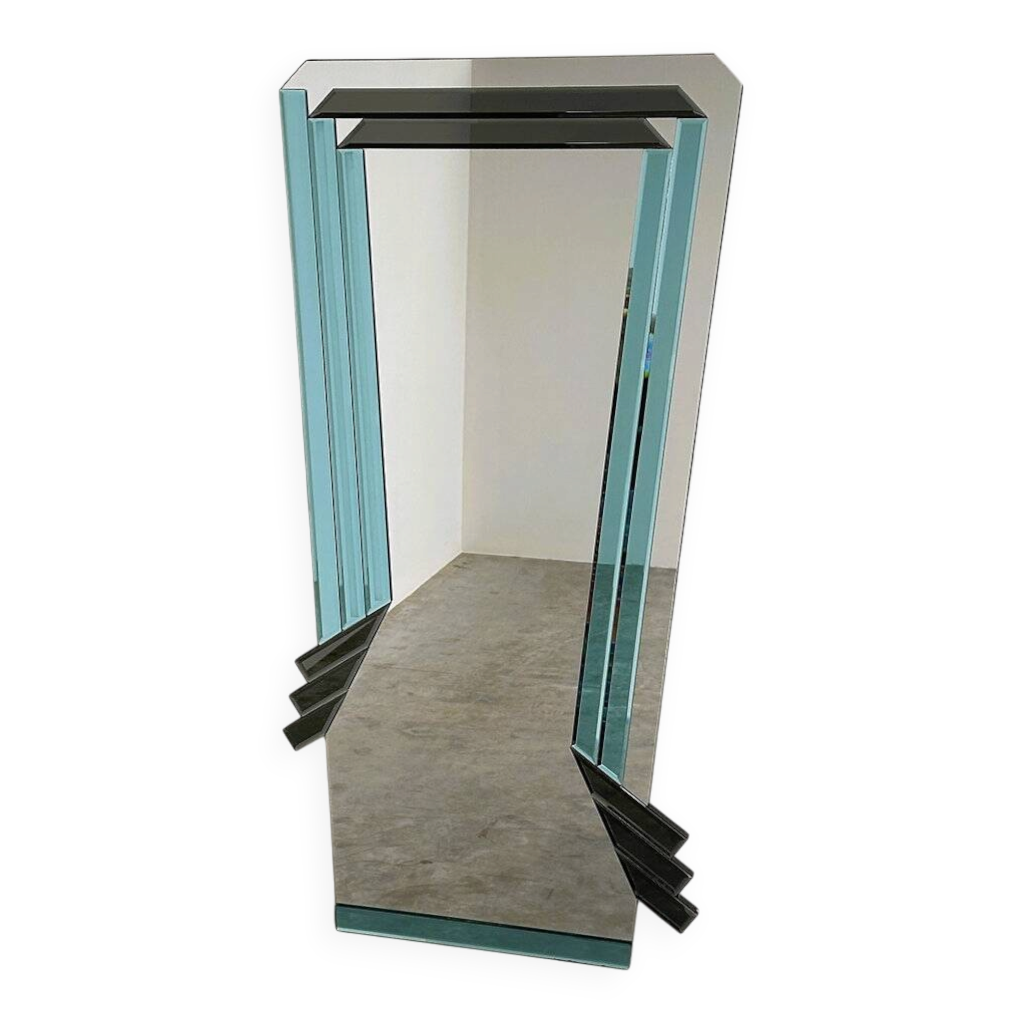 Postmodern geometric mirror with blue & dark gray smoked glass, 1980s