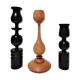 Three vintage light and dark wood candlesticks