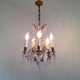 French antique bronze glass & crystal 5 light cage chandelier 4032