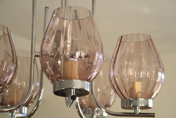 Lustre en metal chromé & verres ciselés
