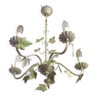 French Vintage 5 Light Cream and Green Ivy Leaf Toleware Chandelier 4760