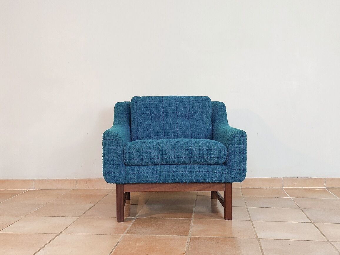 Norwegian living room set in blue fabric, vintage scandinavian 1960s