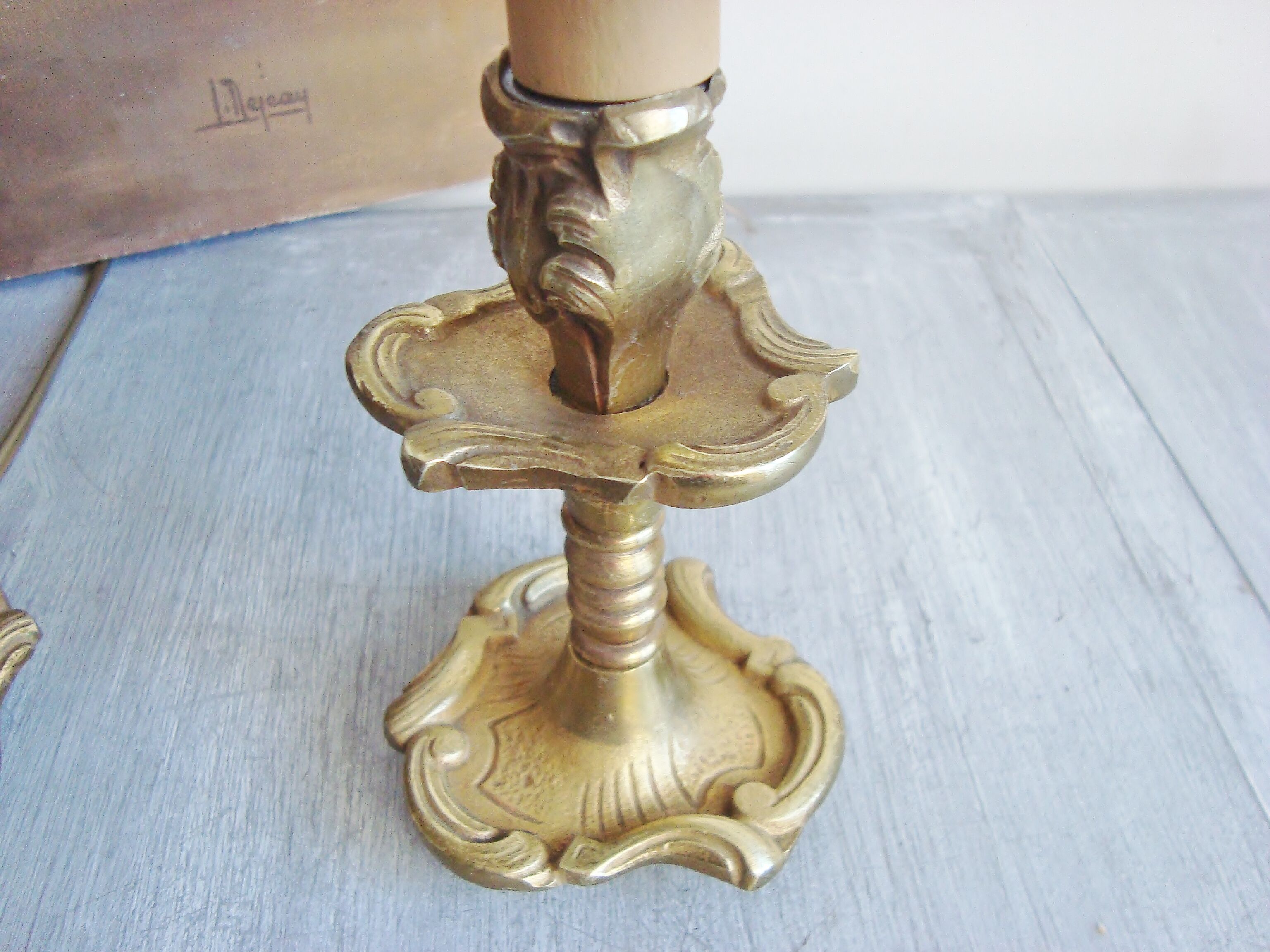 Paire de petites lampes vintage en bronze avec abat-jours fait main en toile de Jouy