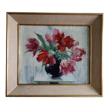 Still life – bouquet of parrot tulips – signed Daniele-Hoffe