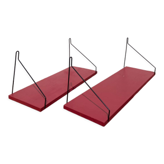 Duo of wall shelves in vintage red and black wood  1970.