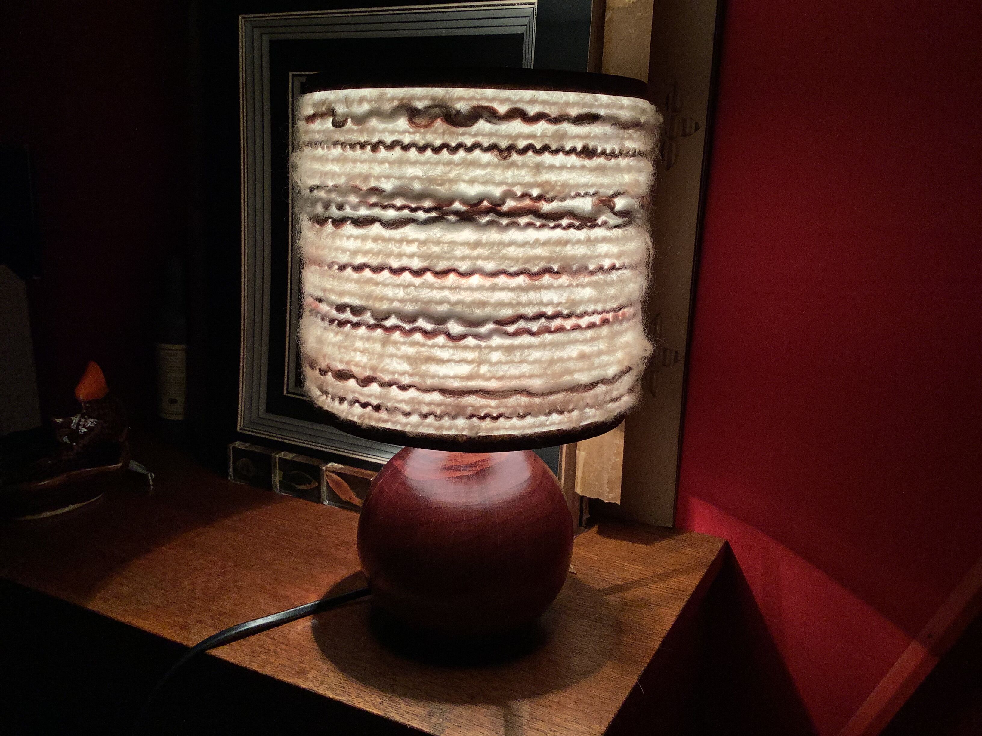 Seventies wood lamp and hippy chic wool lampshade