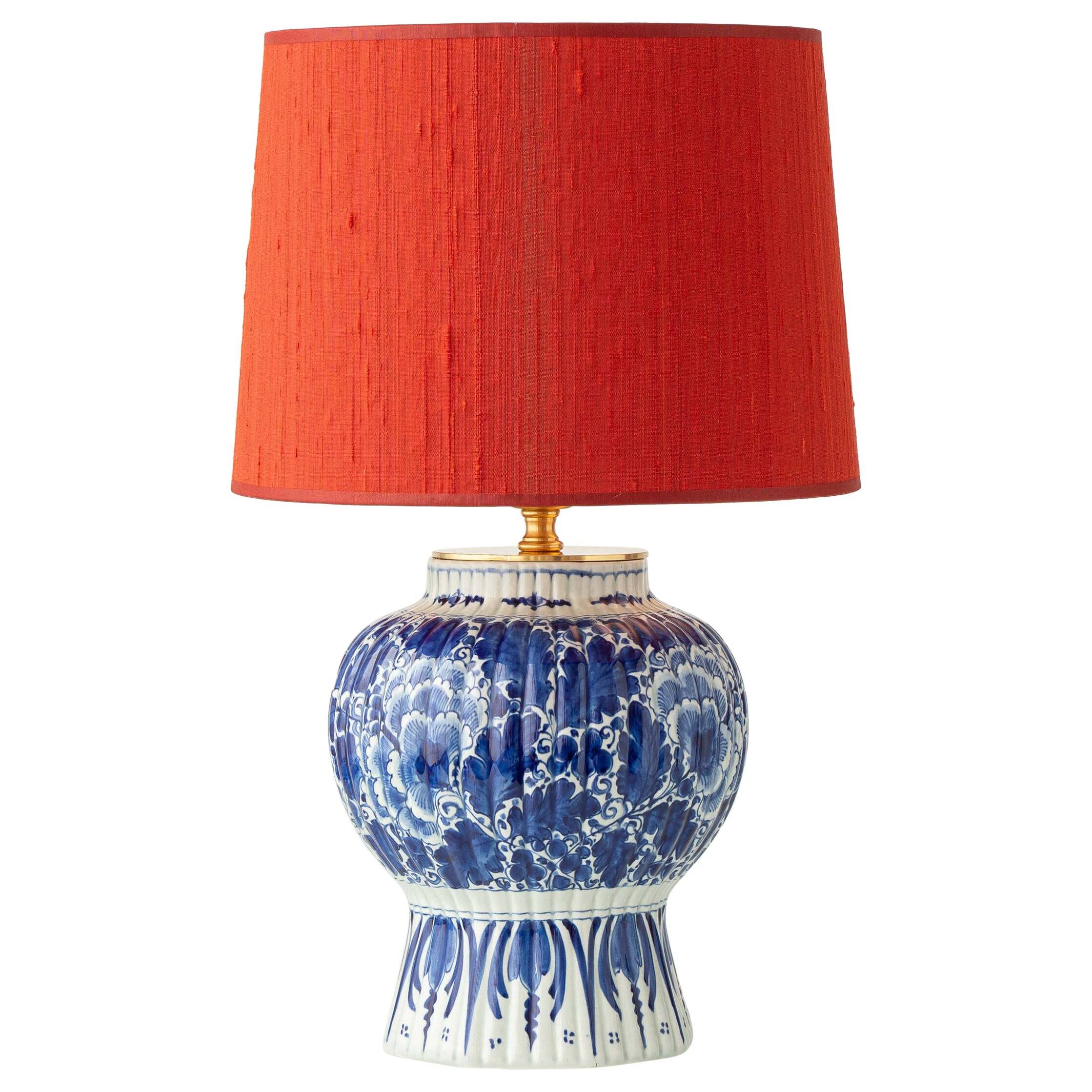 Royal Delft 1924 Blue and White Ceramic Table Lamp, New Vermilion Silk Shade