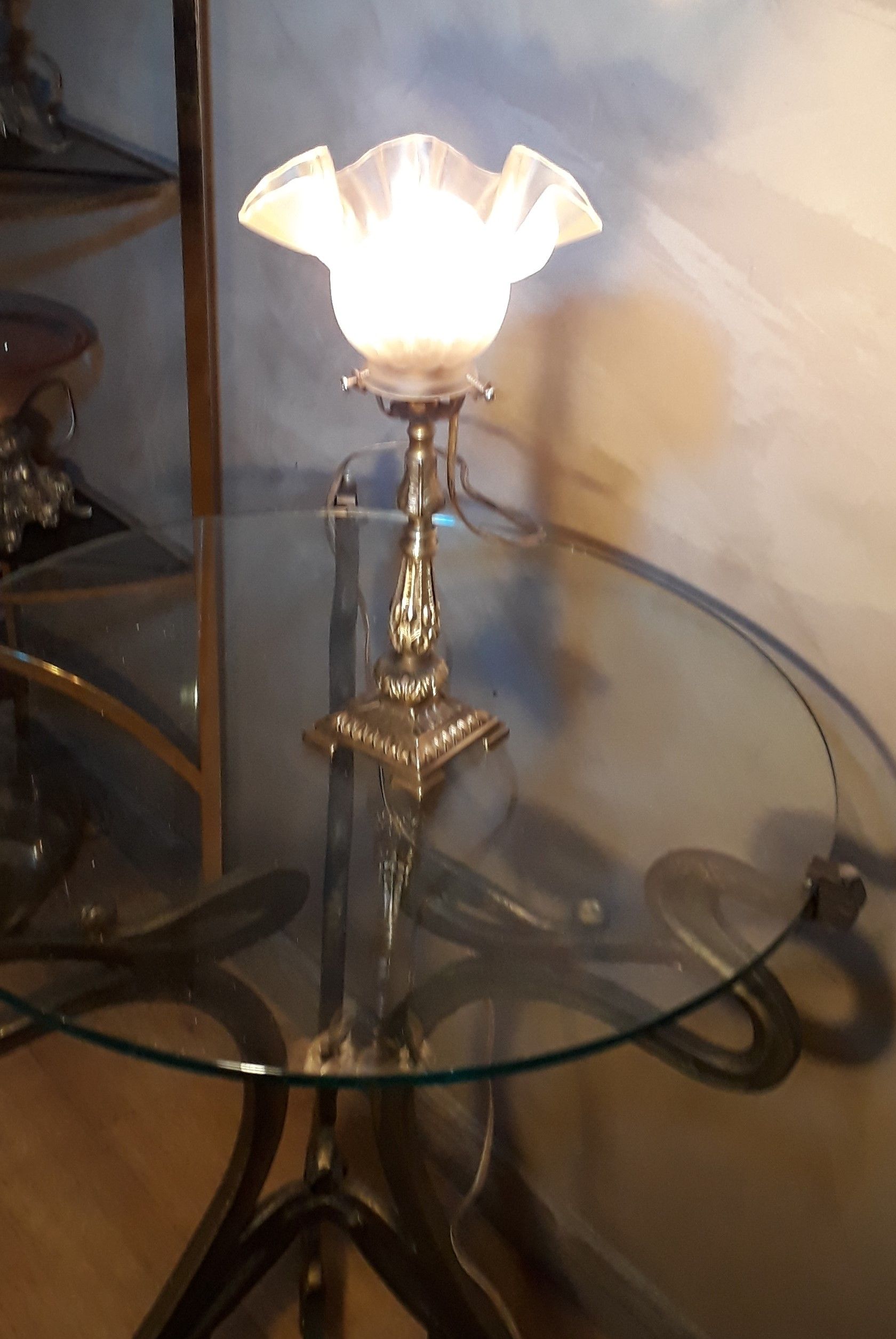 Bronze bedside lamp and its opaque tulip and art nouveau 1900