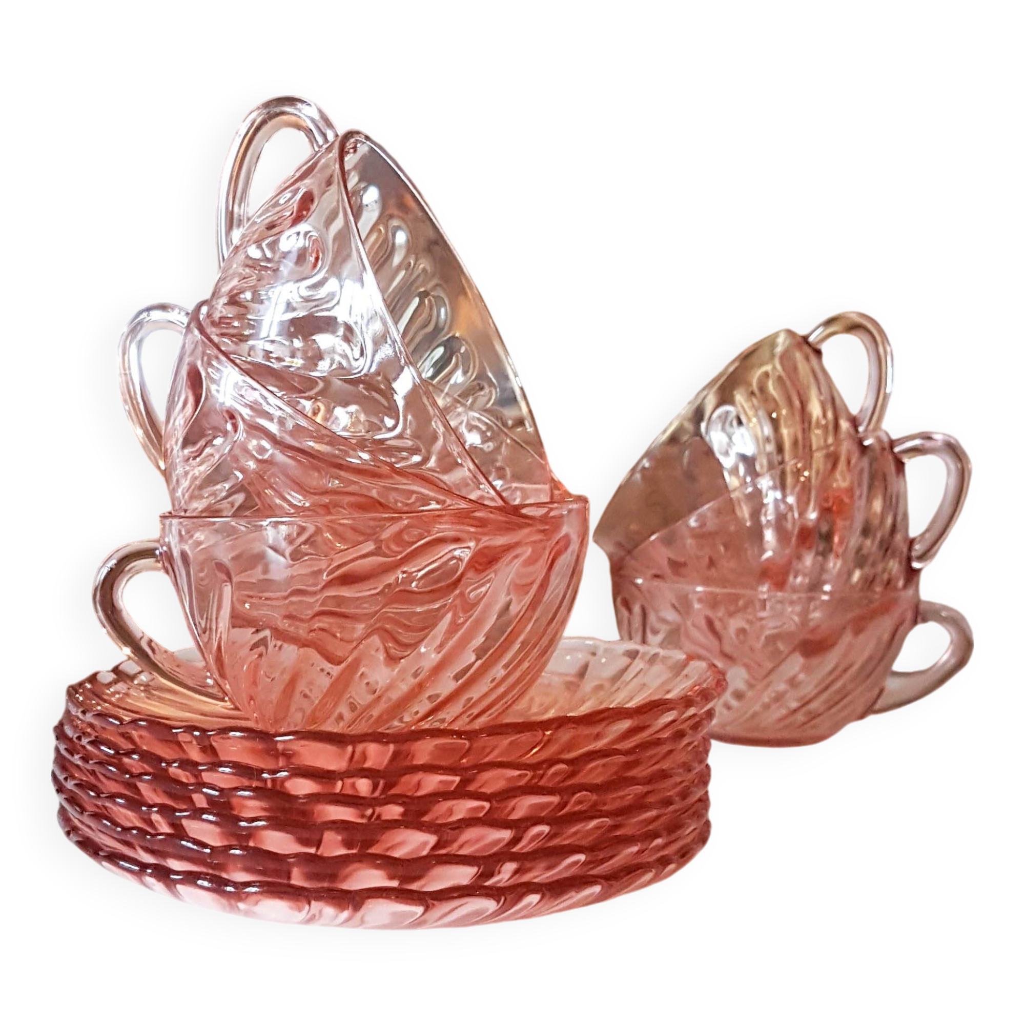 6 Rosaline LUMINARC pink glass tea cups and saucers made in France