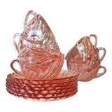 6 Rosaline LUMINARC pink glass tea cups and saucers made in France