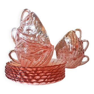 6 Rosaline LUMINARC pink glass tea cups and saucers made in France