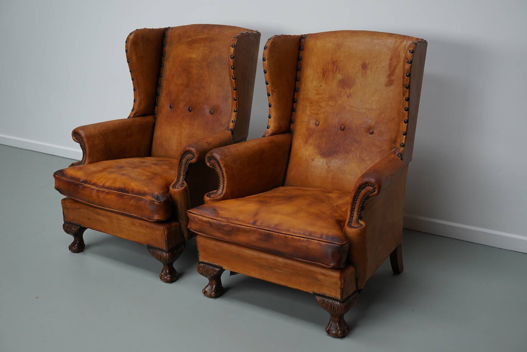 Old Patinated Dutch Cognac Colored Leather Club Chair, Set of 2