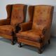 Old Patinated Dutch Cognac Colored Leather Club Chair, Set of 2