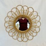 Round mirror flower sun in rattan wicker wood vintage 1960 1970 55 cm folk