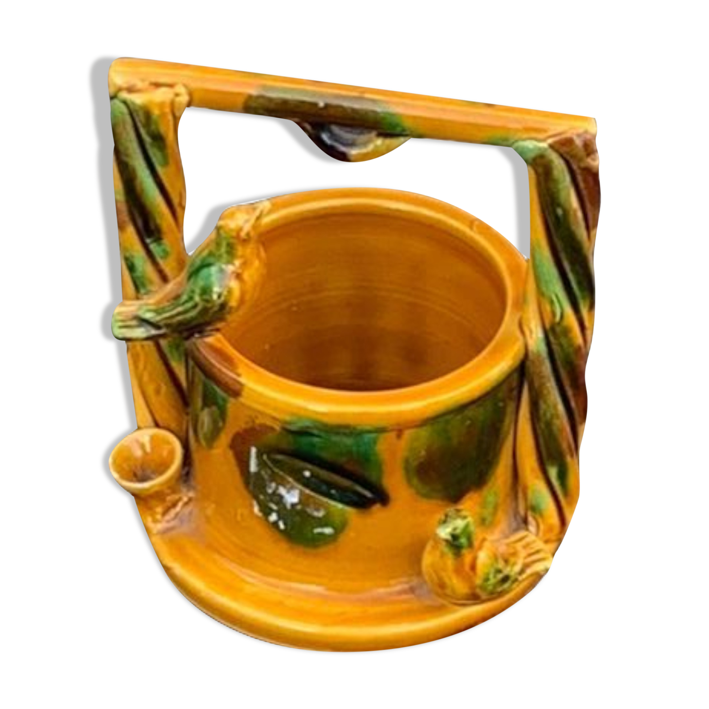 Cache pot barbotine puit aux oiseaux en céramique émaillée ocre ancien