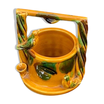 Cache pot pot slip well with birds in enamelled ceramic ochre old