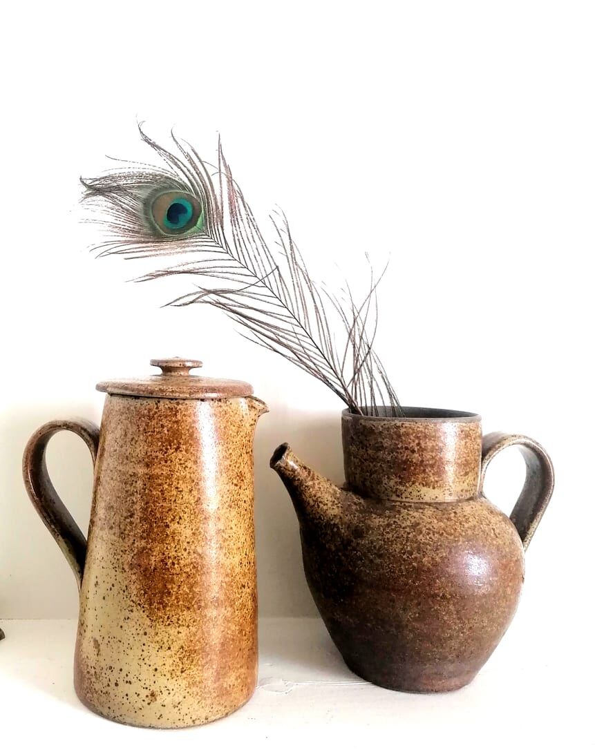 Duo of pyrity sandstone pots, 1960