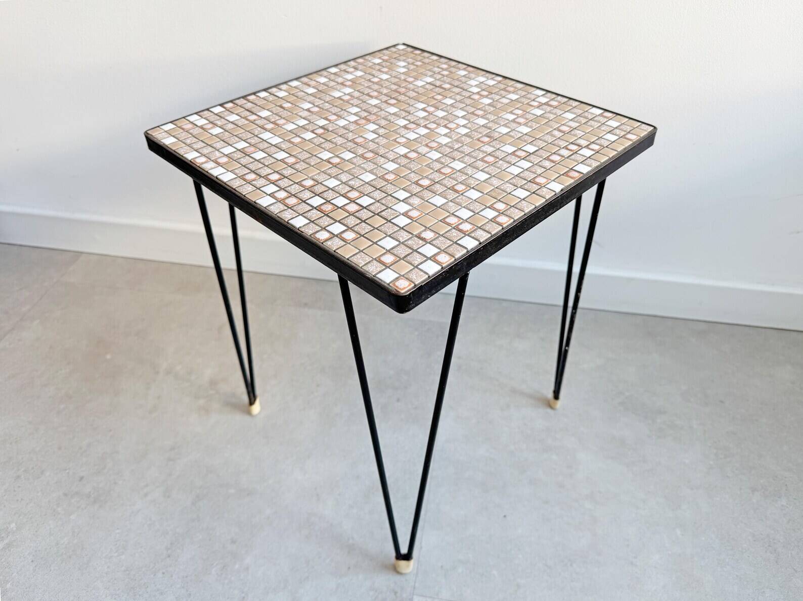 Vintage square side table with a mosaic ceramic top and hairpin legs