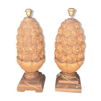 Pair of carved wooden lamps