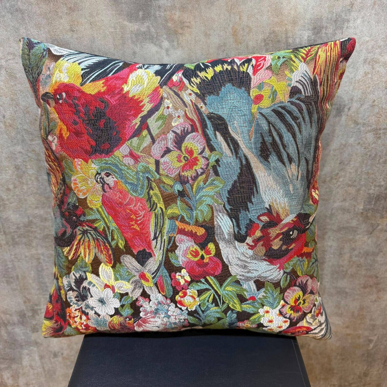Woven Cushion, Crimson Macaw Parrot Jacquard, Dark Ground Pillow Cover