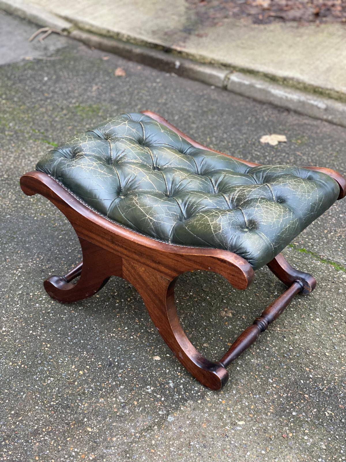 Chesterfield pouf in olive green leather, footstool