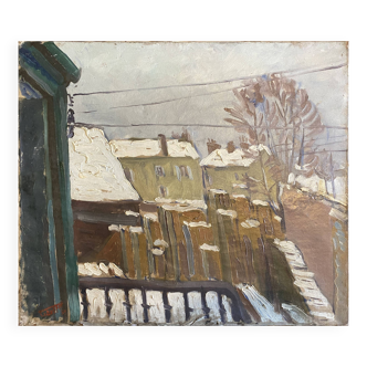 HST painting "Snowy roofs" by Marcel GAULT (1899-1989) painter from Franche-Comté