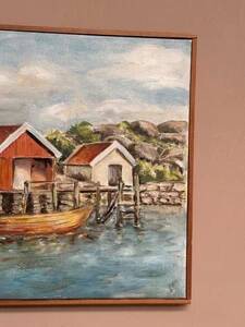 Mid-Century Oil on Canvas “houses with Boat” by Unknown, Vintage & Framed